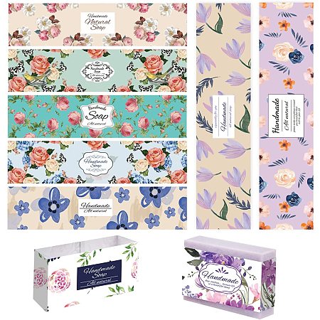 Pandahall Elite 9 Styles Flower Packaging Soap Paper, 90pcs Soap Wrapper Handmade Soap Tape Labels Wrap Paper Soap Tape for Holiday Favor Gift Handmade Soap Business, 21x5cm/8.27x1.97