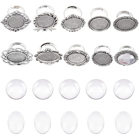 SUNNYCLUE 20Pcs DIY 10 Sets Vintage Style Finger Ring Blanks Adjustable Blank Glass Cabochon Ring Settings Cabochons Rings Base Kit for Jewelry Making Beginners Components Supplies Antique Silver
