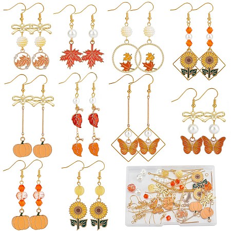 SUNNYCLUE Thanksgiving Day Earring Making Kit, Including Glass Pumpkin & Lantern & Acrylic Imitation Pearl Beads, Snowflake & Leaf & Butterfly Alloy Enamel Pendants, Brass Earring Hooks, Mixed Color, 144Pcs/box