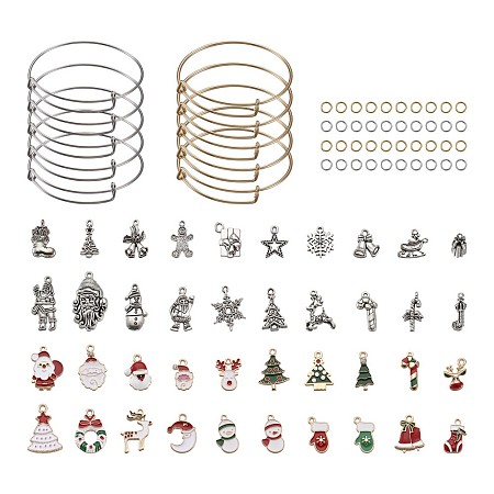 Arricraft DIY Christmas Theme Bangle Making, with Adjustable Stainless Steel Bangles Making & Jump Rings, Alloy Pendants, Mixed Shape, Golden & Stainless Steel Color, 2-1/2 inch~2-7/8 inch(6.5~7.4cm), 2 Colors, 20pcs/set