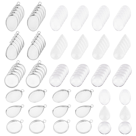 Unicraftale DIY Pendant Making Kits, Including 90Pcs 3 Style 304 Stainless Steel Pendant Cabochon Settings, 90Pcs Glass Cabochons, Flat Round & Teardrop & Oval, Stainless Steel Color, Settings: 30pcs/style