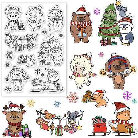 BENECREAT Winter Animal Theme PVC Plastic Stamps, 6.3x4.3inch Puppy Moose Sheep Penguin Clear Stamp for DIY Scrapbooking, Photo Album Decorative, Cards Making