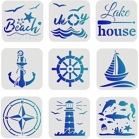 FINGERINSPIRE 9 Pcs Compass Stencil 6x6 inch Plastic Nautical Theme Painting Stencil Sea Life Stencil Anchor Beach Sailboat Lighthouse Stencils Reusable Stencils for Painting on Wood, Floor, Wall