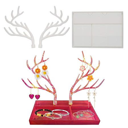Arricraft Antler Tree Jewelry Display Rack Silicone Molds & Storage Box Silicone Molds, Resin Casting Mold Sets, for UV Resin, Epoxy Resin Jewelry Making, White, 220~240x128~170x9.5~21.2mm, 3pcs/1set