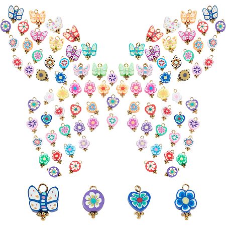SUNNYCLUE 1 Box 80Pcs 4 Styles Flower Connector Charm Colorful Butterfly Heart Links Floral Polymer Clay Beads Connectors Gold Plated for Jewelry Making Charms DIY Bracelets Findings, Mixed Colors