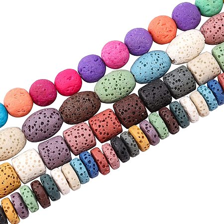 OLYCRAFT 190Pcs 8~12mm Natural Lava Beads Dyed Colorful Chakra Bead Strand Round Column Rice Flat Round Gemstone Loose Beads Energy Beads for Bracelet Necklace Jewelry Making - 4 Style