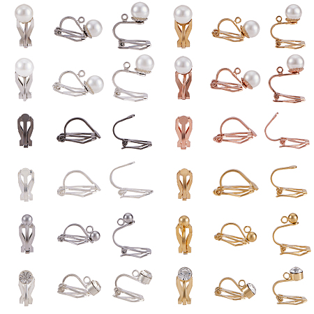 Brass Clip-on Earring Findings, with Crystal Rhinestone/Acrylic Imitation Pearl, Mixed Color, 74x72x17mm; 48pcs/box