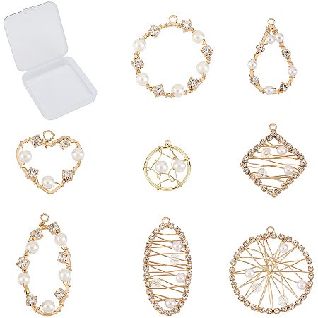 SUNNYCLUE 1 Box 8 Styles Pearl Charms Wire Wrapped Brass Rhinestone Pendants Heart Oval Ring Teardrop Flat Round Shape Charms for for Jewelry Making Bracelets Necklaces Crafting Supplies