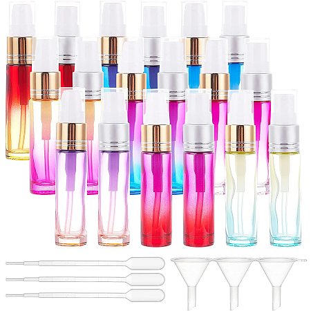 BENECREAT 18 Packs 10ml Mixed Color Glass Spray Bottle (2 Caps) Refillable Fine Mist Spray Bottle Sample Bottle with 4 Funnels, 8pcs Pipettes for Travel Party Makeup Tool
