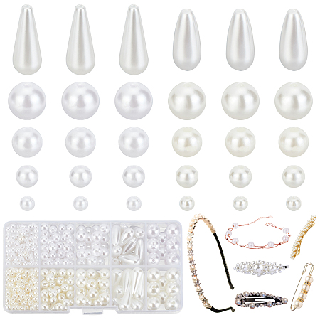 PandaHall Elite White Pearl Beads, 706pcs 10 Styles Round/Teardrop Craft ABS Plastic Faux Pearl Beads Loose Spacer Beads with Hole for Earrings Bracelets Neklaces Jewellery DIY Crafts Making, 4 6 8 10mm