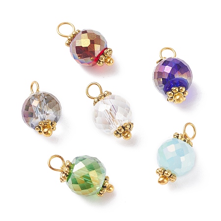 Honeyhandy Electroplated Glass Pendants, with Brass & Alloy Findings, AB Color, Faceted Round, Golden, Mixed Color, 14x7.5mm, Hole: 2.5mm