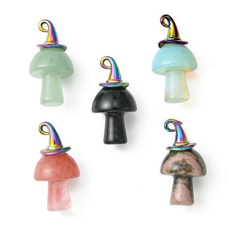 Mixed Gemstone Pendants, Mushroom Charms, with Rainbow Color Plated Alloy Witch Hat Pendant Bails, 31x16mm, Hole: 1.8mm