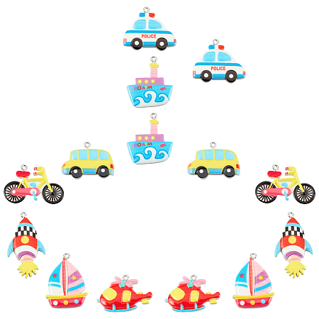 SUNNYCLUE 1 Box 14Pcs 7 Styles Bicycle Charms Vehicle Theme Colorful Resin Ship Rocket Car Transportation Pendants for Jewelry Making Charms Bracelets Necklaces Supplies Accessories