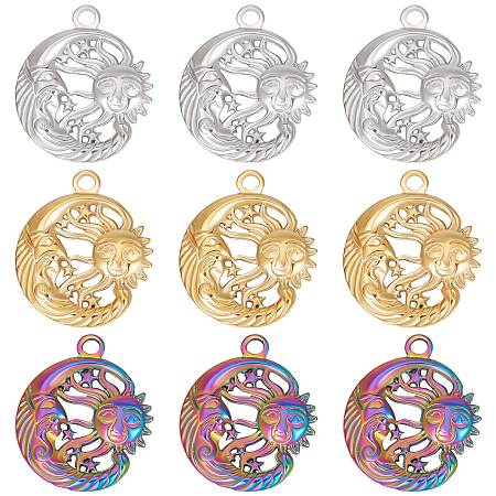 Beebeecraft 1 Box 18Pcs 3 Color Moon with Sun Charms Stainless Steel Hollow Celestial Star Mixed Color Charms Dangle Charms for DIY Necklaces Bracelets Earrings Jewelry Making