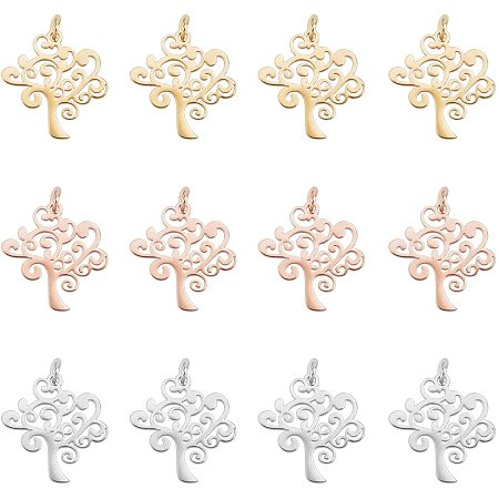 DICOSMETIC 12pcs 3 Colors 304 Stainless Steel Tree of Life Pendants Flat Hollow Tree Pendants Family Tree Charms Metal Plant Pendants for Jewelry Making,Hole:2.5mm