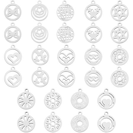 UNICRAFTALE 28pcs 14 Styles Flat Round Charms Stainless Steel Pendants Mixed Shapes Hypoallergenic Hollow Charms for Jewelry Making, Stainless Steel Color, Hole 1.2mm
