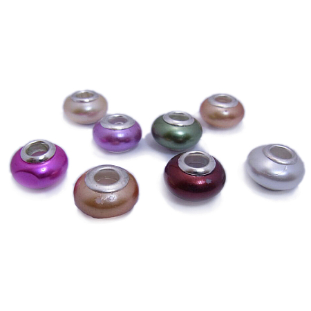 Arricraft Resin European Beads, Large Hole Beads, with Silver Color Plated Brass Cores, Faceted, Rondelle, Dot Pattern, Colorful, 14x8~8.5mm, Hole: 4.5~5mm
