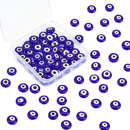 Olycraft Handmade Evil Eye Lampwork Flat Round Beads, Blue, 12x5mm, Hole: 1mm, 66pcs/box