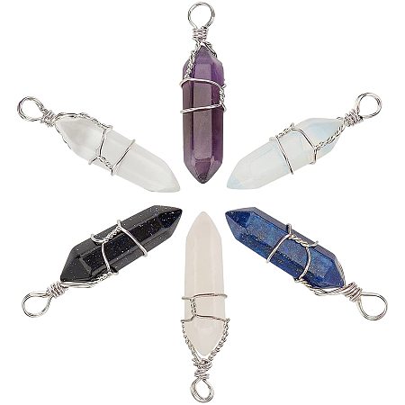 SUNNYCLUE Faceted Bullet Gemstone Pointed Pendants, Wire Wrapped Pendants, with Platinum Plated Brass Wire, 38~42x8~9mm, Hole: 3~6mm; 6 materals, 1pc/materal, 6pcs/box