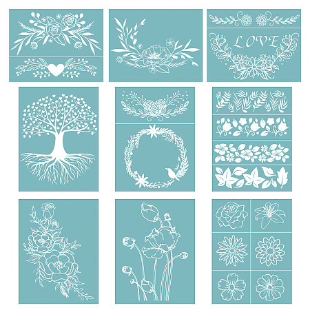 Olycraft Self-Adhesive Silk Screen Printing Stencil, for Painting on Wood, DIY Decoration T-Shirt Fabric, Flower/Rose, Sky Blue, 28x22cm, 9sheets/set