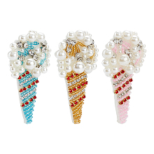 FINGERINSPIRE 3Pcs 3 Colors Ice Cream Pattern Felt Ornament Accessories, Rhinestone & Plastic Imitation Pearl Beads Beading Appliques, Mixed Color, 70x38x11mm, 1pc/color