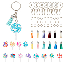 Olycraft DIY Lollipop Keychain Making Kit, Including Polymer Clay Big Pendants, Faux Suede Tassel Pendant Decorations, Iron Split Key Rings, Mixed Color, 66Pcs/box