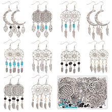 SUNNYCLUE 1 Box DIY 10 Pairs Boho Style Dream Catcher Charms Earrings Making Kit Bohemian Chandelier Charms Crescent Moon Leaf Charm Feather Charms Synthetic Turquoise Beads for Jewelry Making Kits