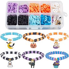 SUNNYCLUE 1 Box 996Pcs DIY 6 Set Halloween Bracelets Making Kit Polymer Clay Beads 8mm Clay Bead Pumpkin Cat Charms Heishi Beads for Jewelry Making Kits Beginners Women DIY Halloween Bracelets Gift