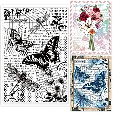 GLOBLELAND Butterfly Dragonfly Words Background Clear Stamps Flowers Silicone Stamps Rubber Transparent Rubber Seal Stamps for Card Making DIY Scrapbooking Photo Album Decoration