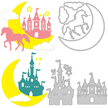 BENECREAT 3Pcs 3 Styles Carbon Steel Cutting Dies Stencils, for DIY Scrapbooking, Photo Album, Decorative Embossing Paper Card, Stainless Steel Color, Castle & Moon & Horse Pattern, Mixed Patterns, 75~116x72~109x0.8mm, 1pc/style