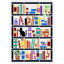 FINGERINSPIRE Bookcase Stencil 11.7x8.3inch Plastic PET Drawing Template Rectangular Stencil Book Template Cat and Plant Stencil Hollow Out Painting Stencil for Wall Floor Door Painting