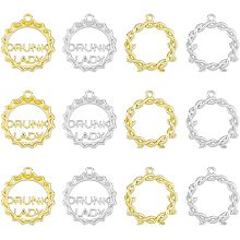 SUPERFINDINGS 32Pcs 4 Styles Rack Plating Alloy Pendants Twist Ring Platinum Golden Dangle Charms Bottle Capss with Word Pendants Charms for Necklaces Bracelets Jewelry Making Hole 1.6mm