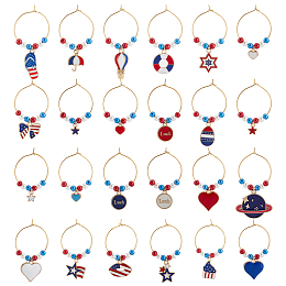 BENECREAT 24Pcs 24 Style Independence Day Theme Alloy Enamel Wine Glass Charms, Goblet Marker, with Brass Wine Glass Charm Rings, Golden, 38~52mm, 1pc/style