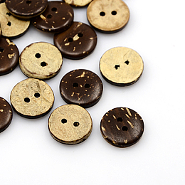 Honeyhandy Coconut Buttons, 2-Hole, Flat Round, Coconut Brown, 15x3mm, Hole: 2mm