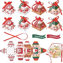 BENECREAT 32Pcs 4 Style Christmas Pyramid Paper Boxes Santa Claus Candy Boxes Triangle Gift Box Candy Box with Bowknot Ribbon for Wedding Christmas Party Gifts,3x3x3.6inch