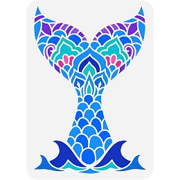 FINGERINSPIREE Mermaid Tail Painting Stencil 11.7x8.3 inch Hollow Out Marine Fish Tail Stencil Reusable Plastic Mandela Floral Pattern Tail Stencil Ocean Theme Stencil for Wall Canvas Tiles Home Decor