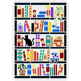 FINGERINSPIRE Bookcase Stencil 11.7x8.3inch Plastic PET Drawing Template Rectangular Stencil Book Template Cat and Plant Stencil Hollow Out Painting Stencil for Wall Floor Door Painting