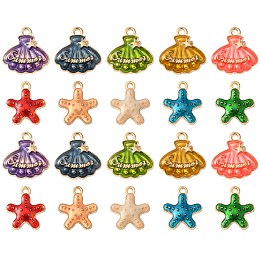 50Pcs 10 Styles Alloy Enamel Pendants, Light Gold, Starfish/Scallop with Star & Word Summer, Mixed Color, 16~17.5x14~16.5x3mm, Hole: 1.5~1.6mm, 5pcs/style