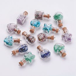 Honeyhandy Clear Glass Bottle Natural & Synthetic Mixed Stone Pendant Decorations, with Iron Findings, Star, 31~33x14~22x11~14mm, Hole: 2mm