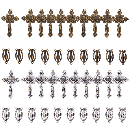 SUNNYCLUE Alloy Links/Pendants, Oval with Virgin Mary and Cross, Rosary Parts, Mixed Color, 25x13x3mm, Hole: 2mm; 48x31x5mm, Hole: 1.5~2mm; 40pcs/set