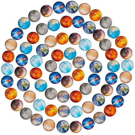 SUNNYCLUE Glass Cabochons, Half Round/Dome, Planet Print Pattern, Mixed Color, 10x4mm; 10colors, 10pcs/color, 100pcs/box