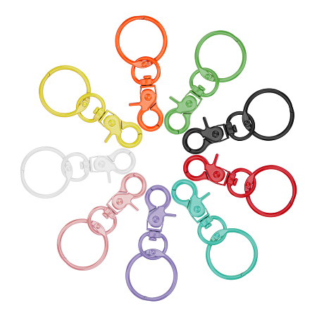 Baking Painted Alloy Swivel Keychain Clasp Findings, with Iron Rings, Mixed Color, 70mm; Clasp: 44.5x20x7mm; Ring: 30x2.5mm, 9 colors, 2pcs/color, 18pcs/box