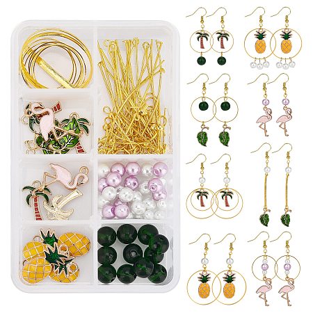 SUNNYCLUE 1 Box DIY Make 8 Pairs Tropic Theme Earring Making Kit Include Alloy Fruit Charms Flamingo Leaf Pendants Linking Rings Pearl Beads for Women Beginners DIY Earring Making Crafts