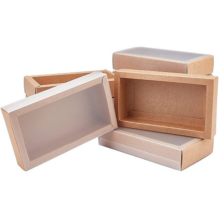 FINGERINSPIRE 12 Sets Kraft Paper Drawer Box, 5.5 x 2.8 x 1.2 Inch Rectangle Burlywood Gift Box with PVC Frosted Windows for Wedding Favour Boxes, Jewelry Packaging