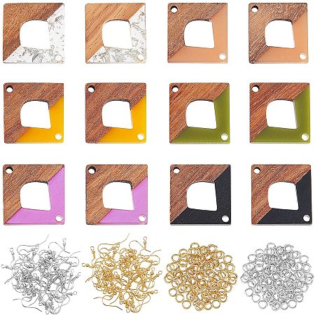 OLYCRAFT 172pcs Hollow Square Resin Wooden Earring Pendants Resin Walnut Wood Earring Makings Kit Vintage Resin Wood Statement Jewelry with Earring Hooks Jump Rings for Jewelry Making - 6 Styles