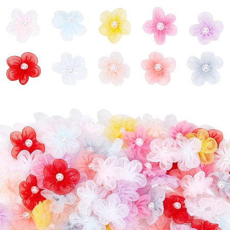 Gorgecraft 100Pcs 10 Colors Organza 5-Petal Flower Ornament Accessories, Sewing Craft Decoration, with Plastic Imitation Pearl, Mixed Color, 25~26x9mm, 10pcs/color