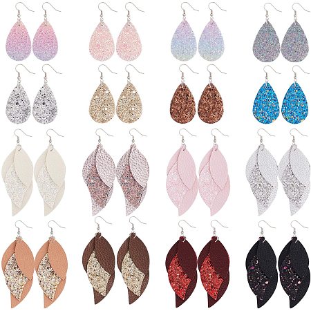 PandaHall Elite 3 Layered Leather Earrings, 16 Pairs Lightweight PU Leather Leaf Earring Charms Layered Design Drop Earrings Glitter Dangle Earrings for Women Fashion