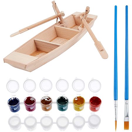 PH PandaHall Unfinished Wooden Boat Small Model with Oar, Wood Craft Project with 2 Strips 3ml Empty Paint Strips and Paint Brushes for Drawing Painting Arts Making Decorations Gift