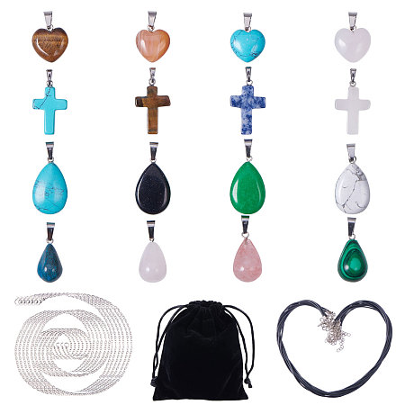 SUNNYCLUE 16pcs Heart Cross Drop Stone Pendant Chakra Beads DIY Healing Crystal Charms Gemstone Pendants with 6 Strands Leather Cord Necklace and 8 Strands Cross Chains for DIY Necklace Jewelry Making