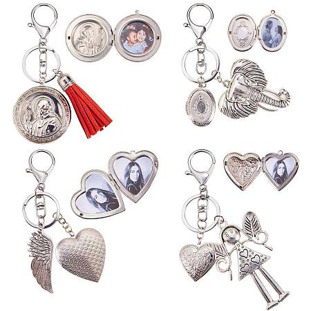 SUNNYCLUE DIY 4PCS Round Oval Heart Photo Picture Engraved Locket Keychain Keyring with Lobster Claw Clasp and Rings Jewelry Making Arts Crafts Kit Silver